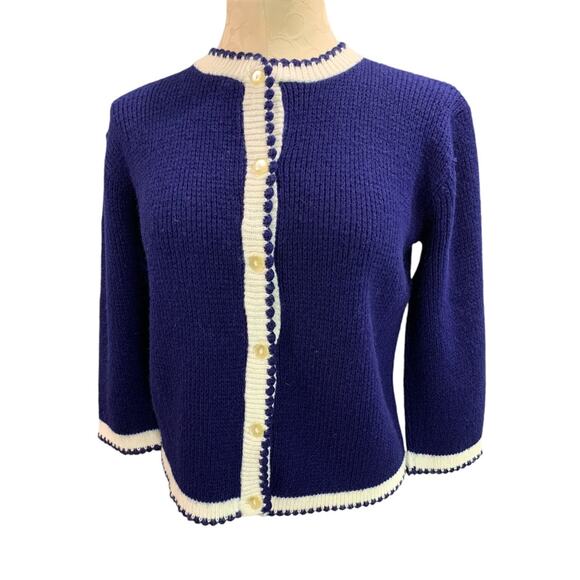 Medium Vintage 1960s Womens Button Up Sweater Cardigan Navy Blue - Picture 2 of 7